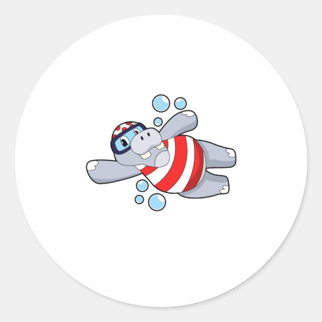 Hippo als Taucher mit Schwimmbrille Runder Aufkleber (Vorderseite)