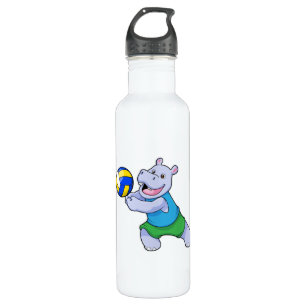 Hippo als Volleyballspieler mit Volleyball Edelstahlflasche