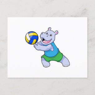 Hippo als Volleyballspieler mit Volleyball Postkarte
