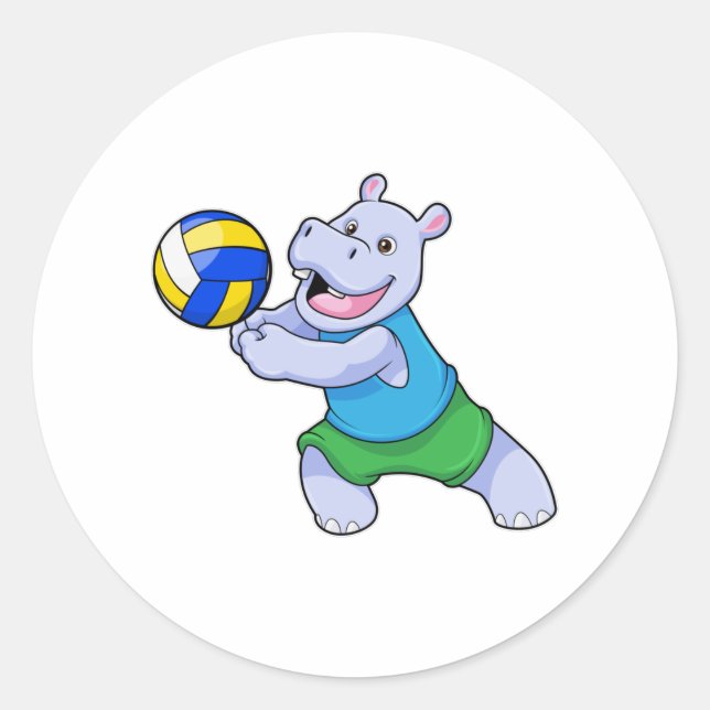 Hippo als Volleyballspieler mit Volleyball Runder Aufkleber (Vorderseite)