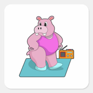Hippo at Fitness with Radio.PNG Quadratischer Aufkleber