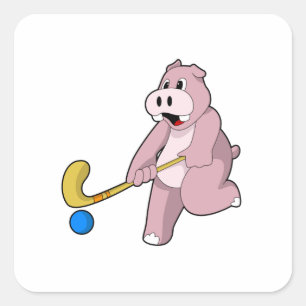 Hippo at Hockey with Hockey bat Quadratischer Aufkleber