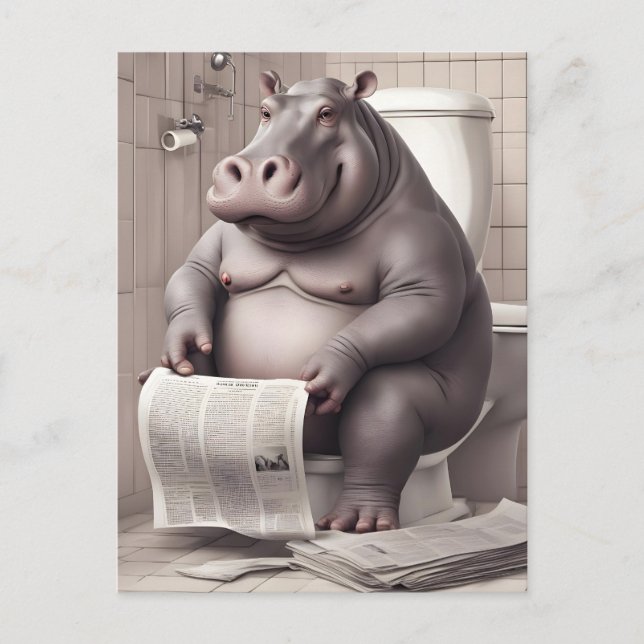 Hippo auf der Toilette Reading Newspapier Postkarte (Vorderseite)