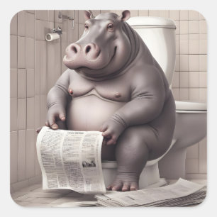 Hippo auf der Toilette Reading Newspapier Quadratischer Aufkleber
