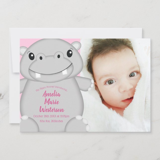 Hippo Baby Dusche Rosa Einladung (Vorderseite)