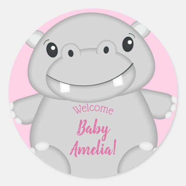 Hippo Baby Dusche Rosa Runder Aufkleber (Vorderseite)