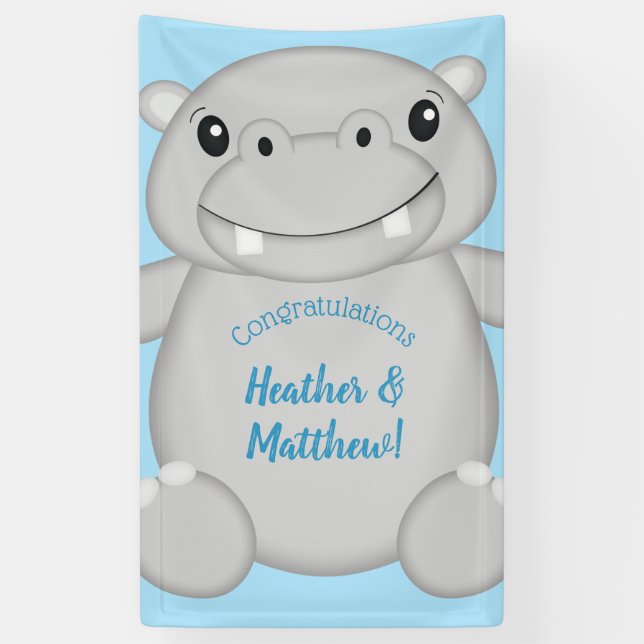 Hippo Baby Shower Blue Banner (Vertikal)