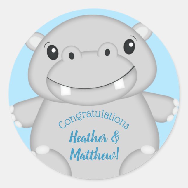 Hippo Baby Shower Blue Runder Aufkleber (Vorderseite)