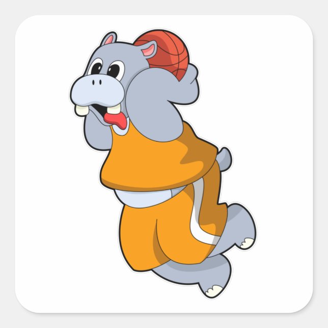 Hippo bei Basketball Sports Quadratischer Aufkleber (Vorderseite)