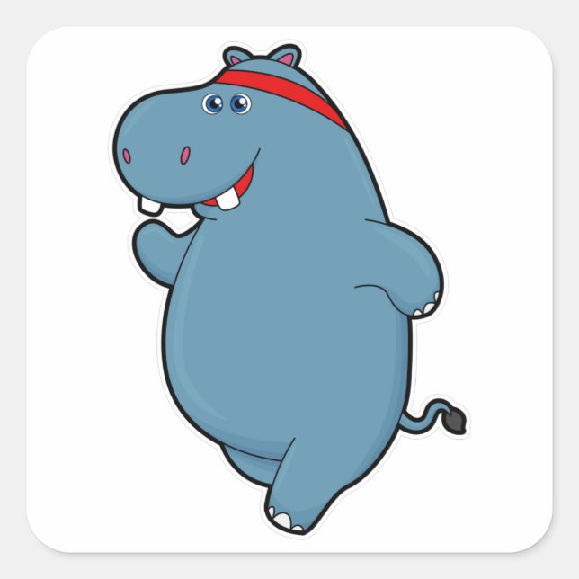 Hippo beim Laufen mit Headband Quadratischer Aufkleber (Vorderseite)