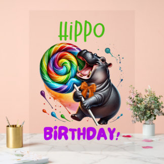 Hippo Birthday fröhlich, farbenfroh Candy Swirl | Acrylschild