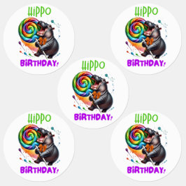 Hippo Birthday fröhlich, farbenfroh Candy Swirl | Etiketten