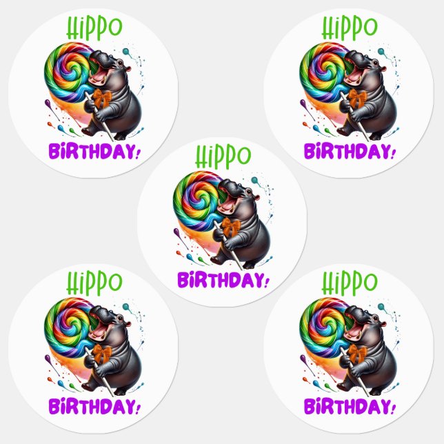 Hippo Birthday fröhlich, farbenfroh Candy Swirl | Etiketten (Gruppe)