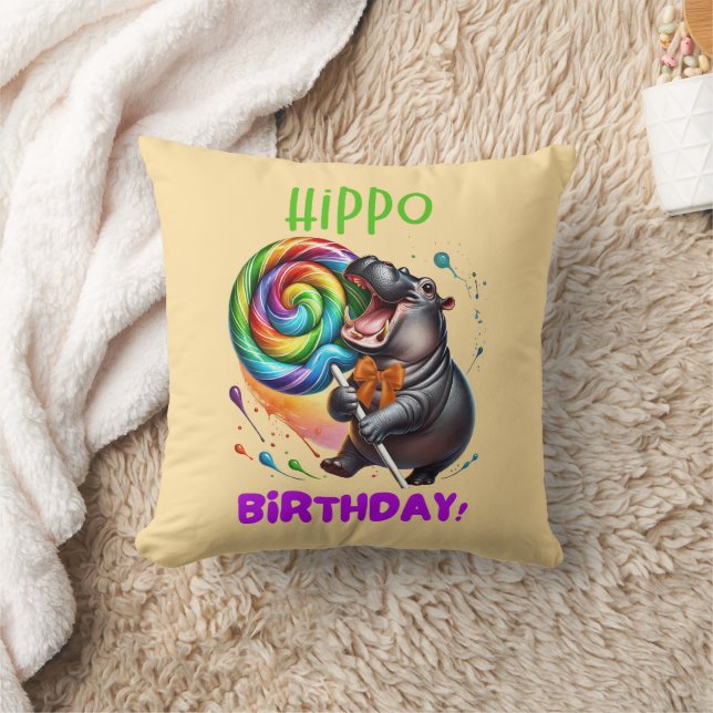 Hippo Birthday fröhlich, farbenfroh Candy Swirl | Kissen (Decke)