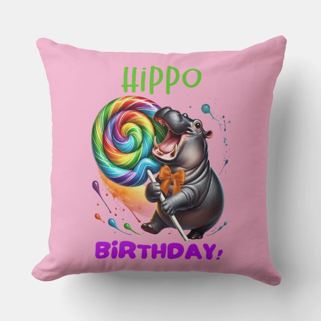 Hippo Birthday fröhlich, farbenfroh Candy Swirl | Kissen (Vorderseite)