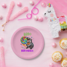 Hippo Birthday fröhlich, farbenfroh Candy Swirl | Pappteller