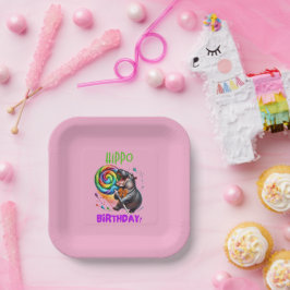 Hippo Birthday fröhlich, farbenfroh Candy Swirl | Pappteller