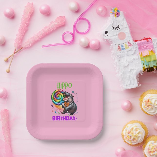 Hippo Birthday fröhlich, farbenfroh Candy Swirl | Pappteller (Party)