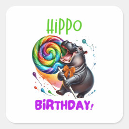 Hippo Birthday fröhlich, farbenfroh Candy Swirl | Quadratischer Aufkleber