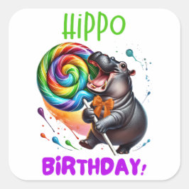 Hippo Birthday fröhlich, farbenfroh Candy Swirl | Quadratischer Aufkleber