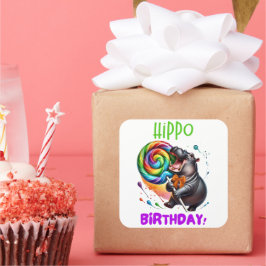 Hippo Birthday fröhlich, farbenfroh Candy Swirl | Quadratischer Aufkleber