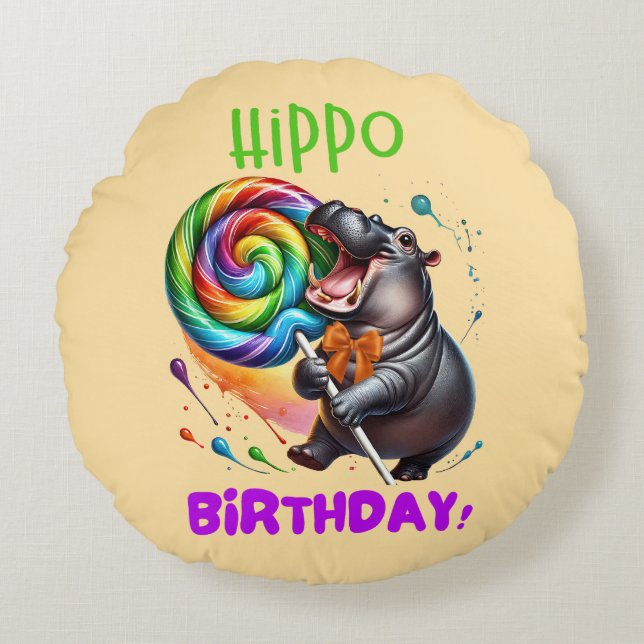 Hippo Birthday fröhlich, farbenfroh Candy Swirl | Rundes Kissen (Vorderseite)