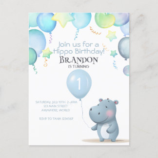 Hippo Birthday sanft blau einfache Einladung