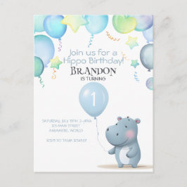 Hippo Birthday sanft blau einfache Einladung