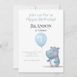 Hippo Birthday sanft blau einfache Einladung