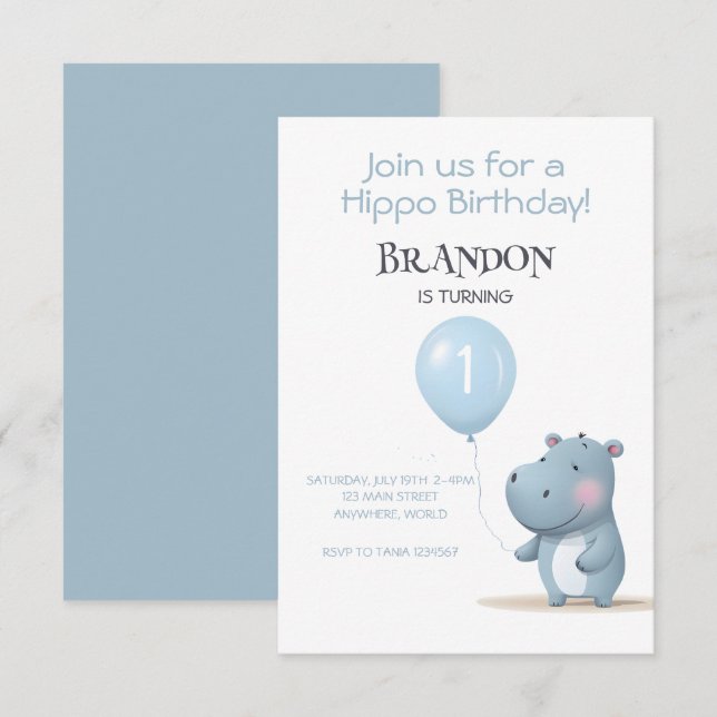 Hippo Birthday sanft blau einfache Einladung (Vorne/Hinten)