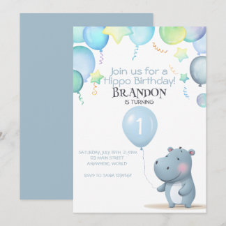 Hippo Birthday sanft blau einfache Einladung