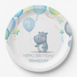 Hippo Birthday weich blaue, einfache Papiertüte Pappteller