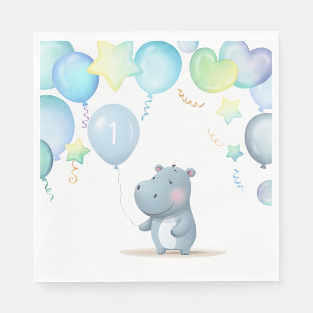 Hippo Birthday weiche blaue Servietten (Vorderseite)