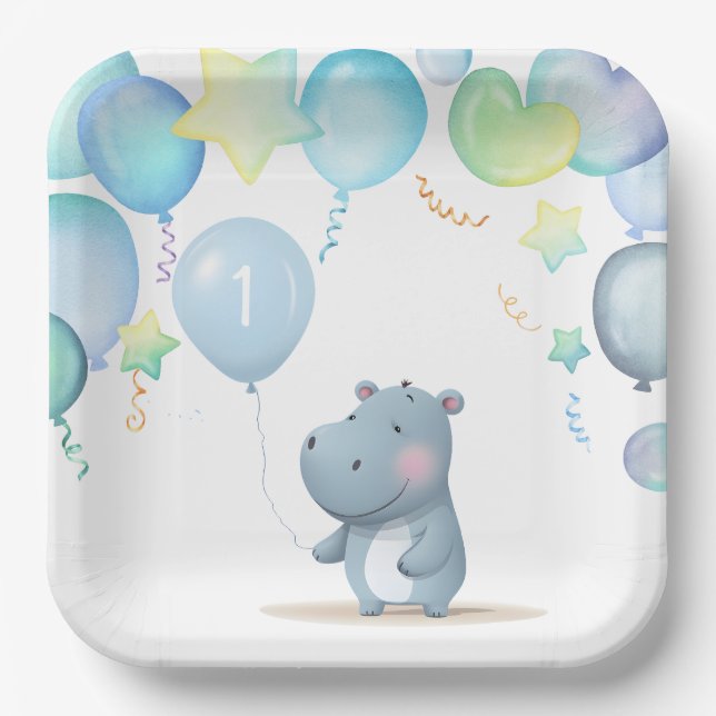 Hippo Birthday weiche blaue Servietten Pappteller (Vorderseite)