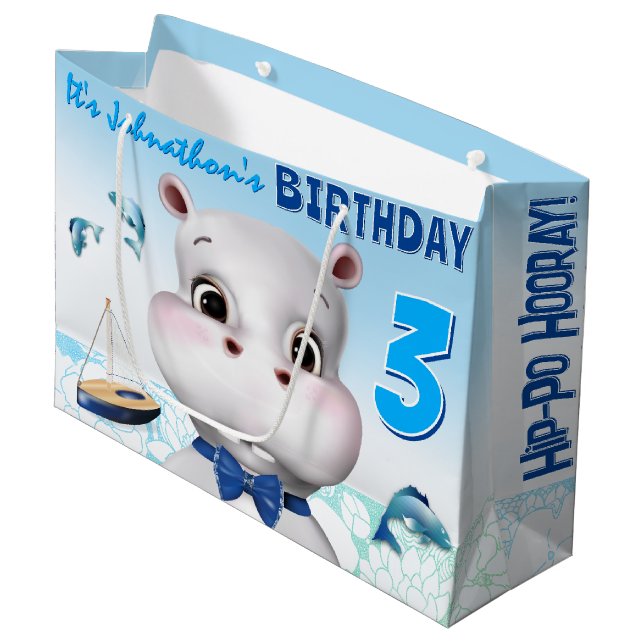 Hippo Blue Boy Birthday Große Geschenktüte (Vorderseite Schrägansicht)