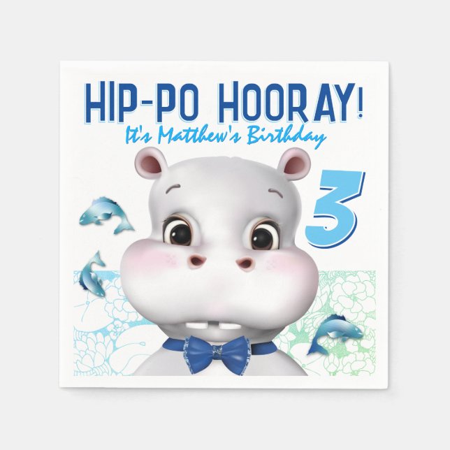 Hippo Blue Fish Boy Birthday Serviette (Vorderseite)