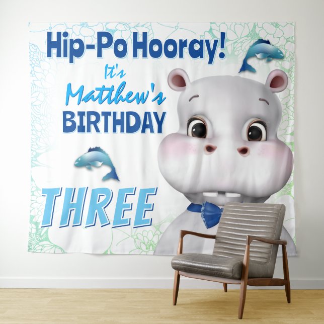 Hippo Blue Fish Boy Geburtstag Hintergrund Wandteppich (Beispiel (Horizontal))