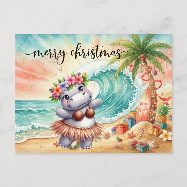 Hippo celebrate Christmas at the beach  Postkarte (Vorderseite)