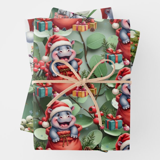 Hippo Christmas Themed für Tierliebhaber Geschenkpapier Set (Beispiel)