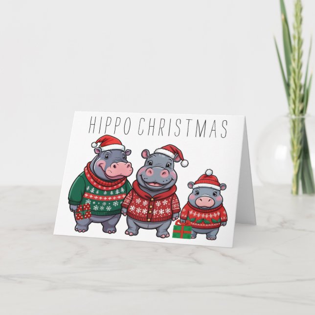 Hippo Family Christmas Feiertagskarte (Vorderseite)