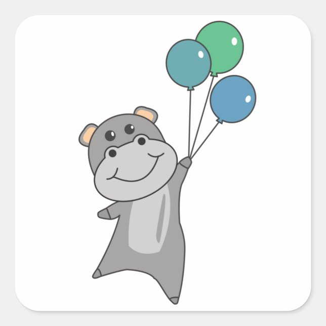 Hippo fliegt mit Balloons süße Tiere für Quadratischer Aufkleber (Vorderseite)