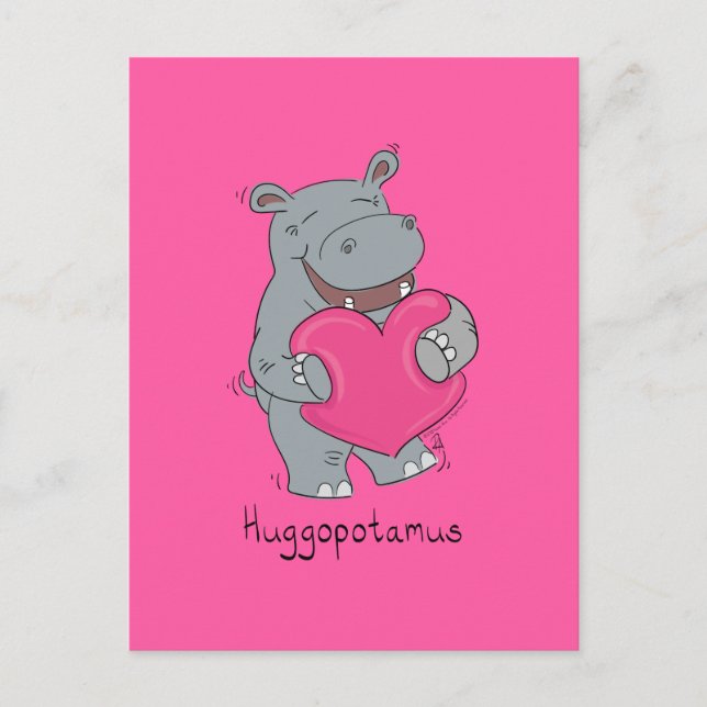 Hippo Hugs Valentinstag Postkarte Rosa (Vorderseite)