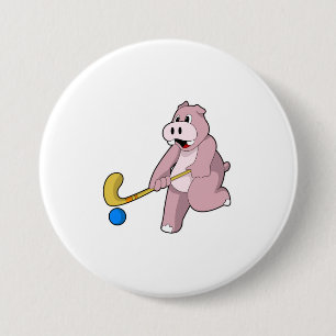 Hippo im Hockey mit Hockey-Schläger Button