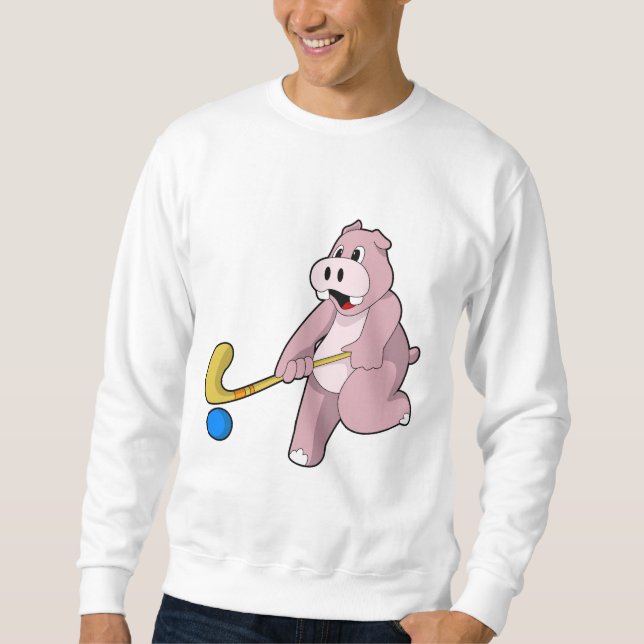 Hippo im Hockey mit Hockey-Schläger Sweatshirt (Vorderseite)