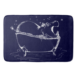 Hippo in Bath Fun Illustration Navy Badematte