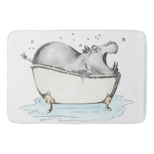 Hippo in Bath Fun Illustration Wasserfarbe Badematte