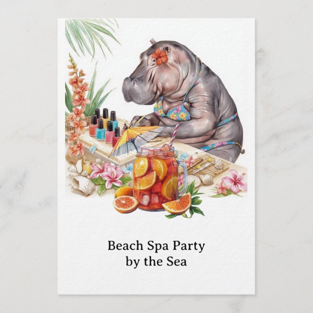  Hippo in Bikini Manicure Coastal Beauty beach spa Einladung (Vorderseite)