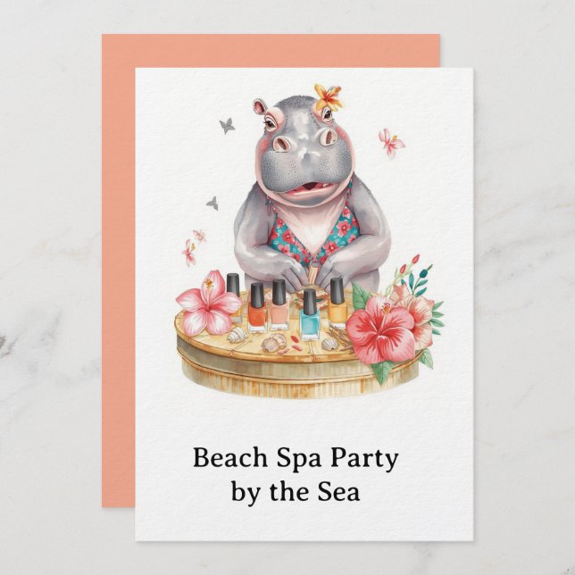  Hippo in Bikini Manicure Coastal Beauty beach spa Einladung (Vorne/Hinten)