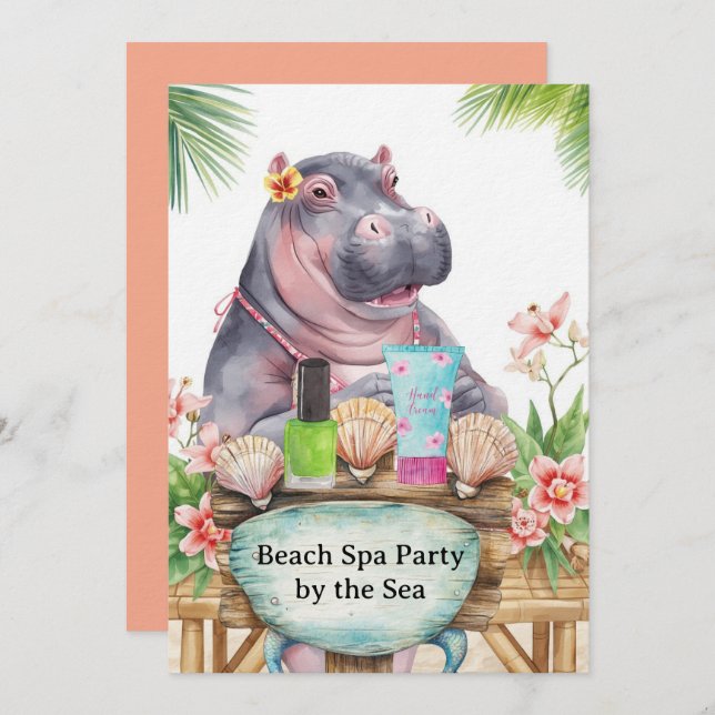  Hippo in Bikini Manicure Coastal Beauty beach spa Einladung (Vorne/Hinten)