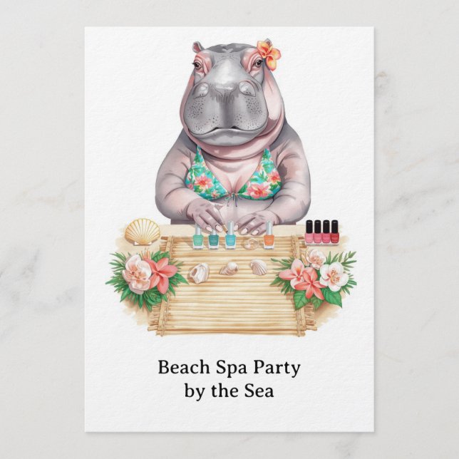  Hippo in Bikini Manicure Coastal Beauty beach spa Einladung (Vorderseite)